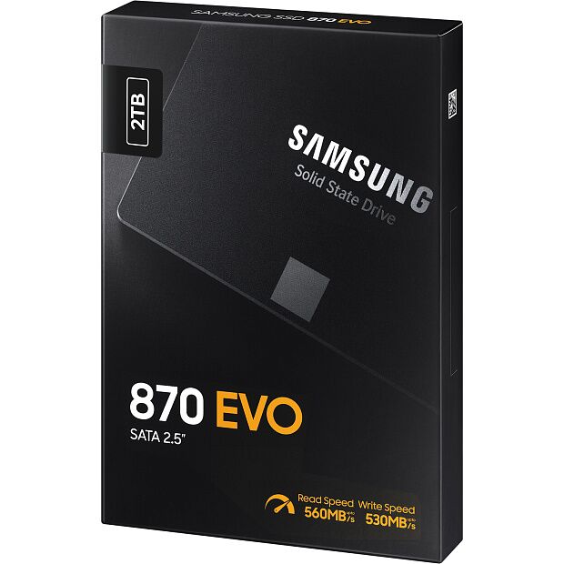 Твердотельный накопитель Samsung SSD 870 EVO, 2000GB, 2.5 7mm, SATA3, 3-bit MLC, R/W 560/530MB/s, IOPs 98 000/88 000, DRAM buffer 2048MB, TBW 1200, - 1